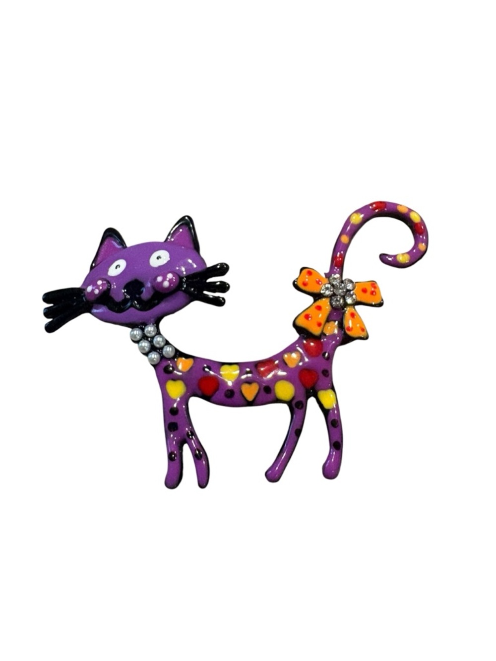 Vintage Cat Brooch Purple Enamel Rhinestone Bow Kitsch Whimsical Statement JB4